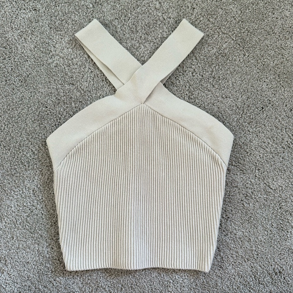 Babaton Cream Ribbed Cross-Strap Tank Top